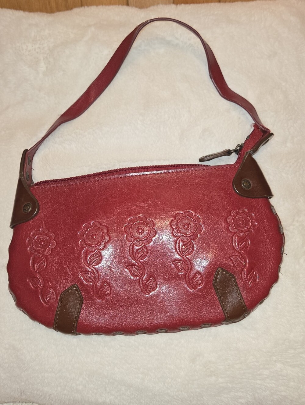 Red Floral Embossed Leather Mini Bag